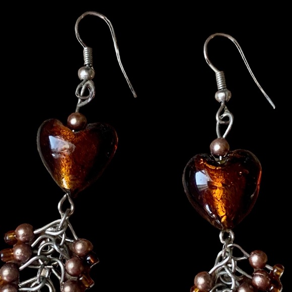 Amber Glass Heart & Glass Bead Cluster Dangle Pierced Earring Woman’s Jewelry - Picture 7 of 11